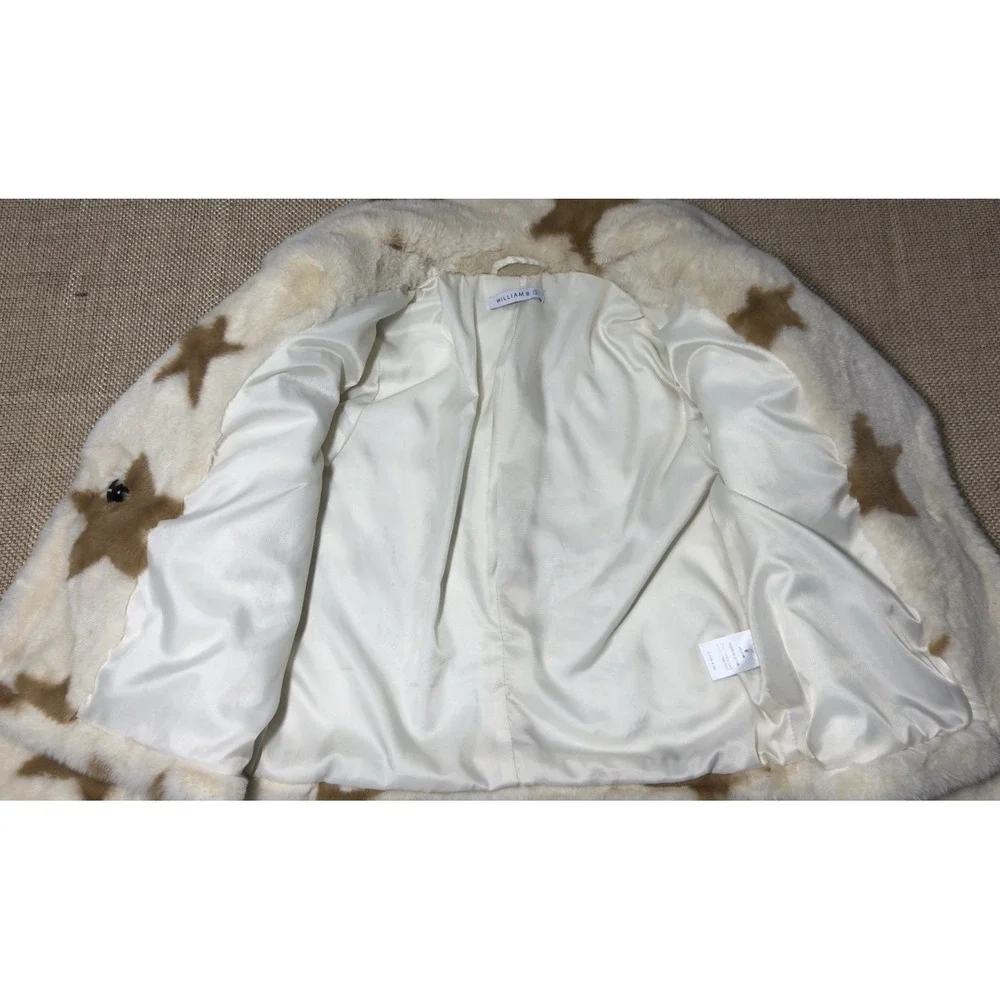 William B. Star Faux Fur‎ Jacket Small Cropped Cozy Teddy Beige Stars
